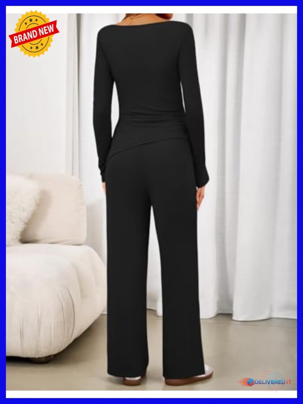 Women's Lounge Set 2 Piece Matching Outfit Long Sleeve V Neck Top Wide Leg Pants - Picture 3 of 6